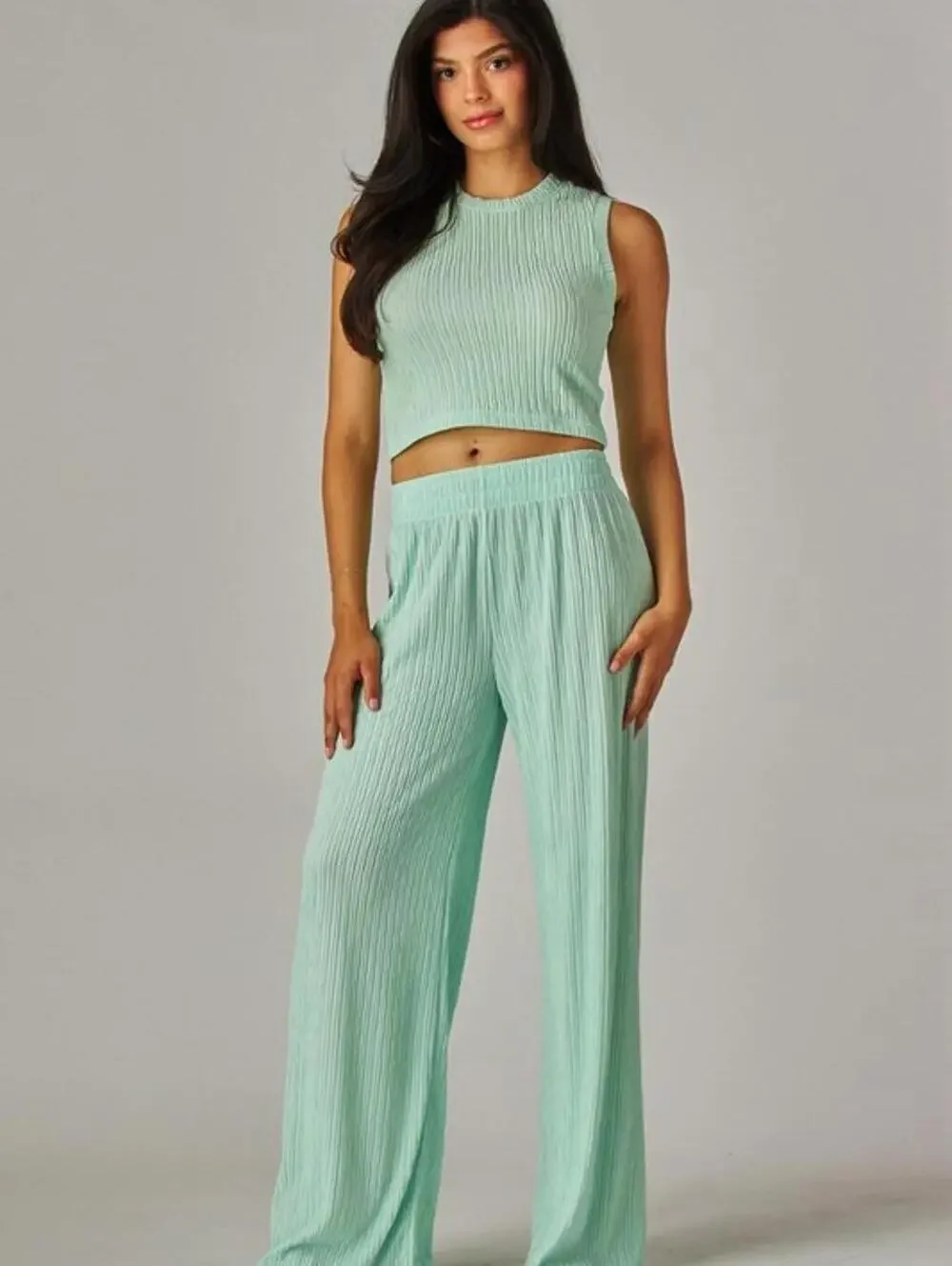 Love Poem Plisse Lounge Set Mint Green Large Wide Leg 2 pc Spring Summer NWT